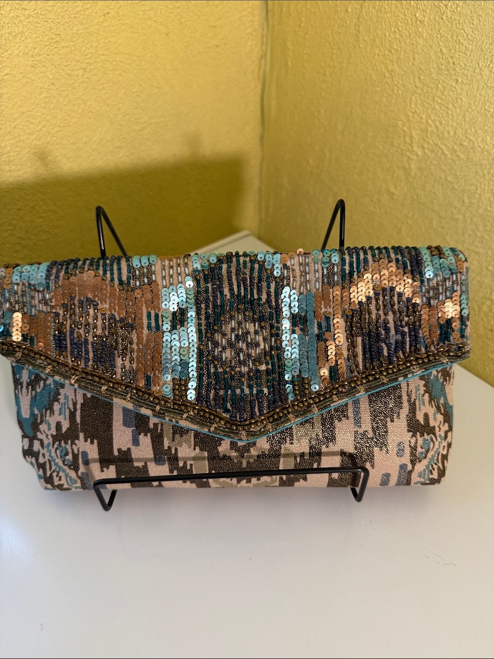 Chico’s clutch Teal and Gold Sequin Envelope Clutch